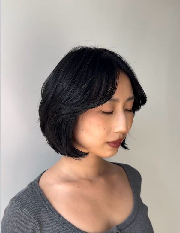 Chin length black bob at Ra'pôr Salon in Costa Mesa