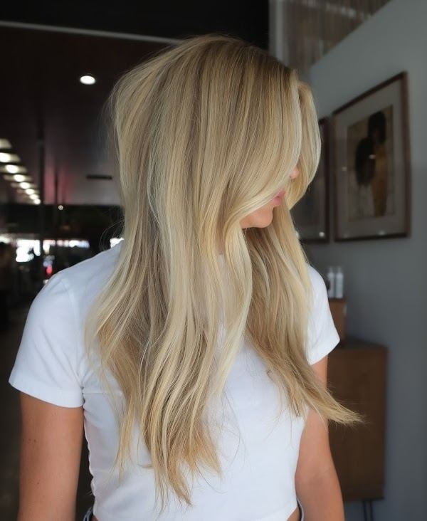 Bright blonde long layers at Ra'pôr Salon in Costa Mesa